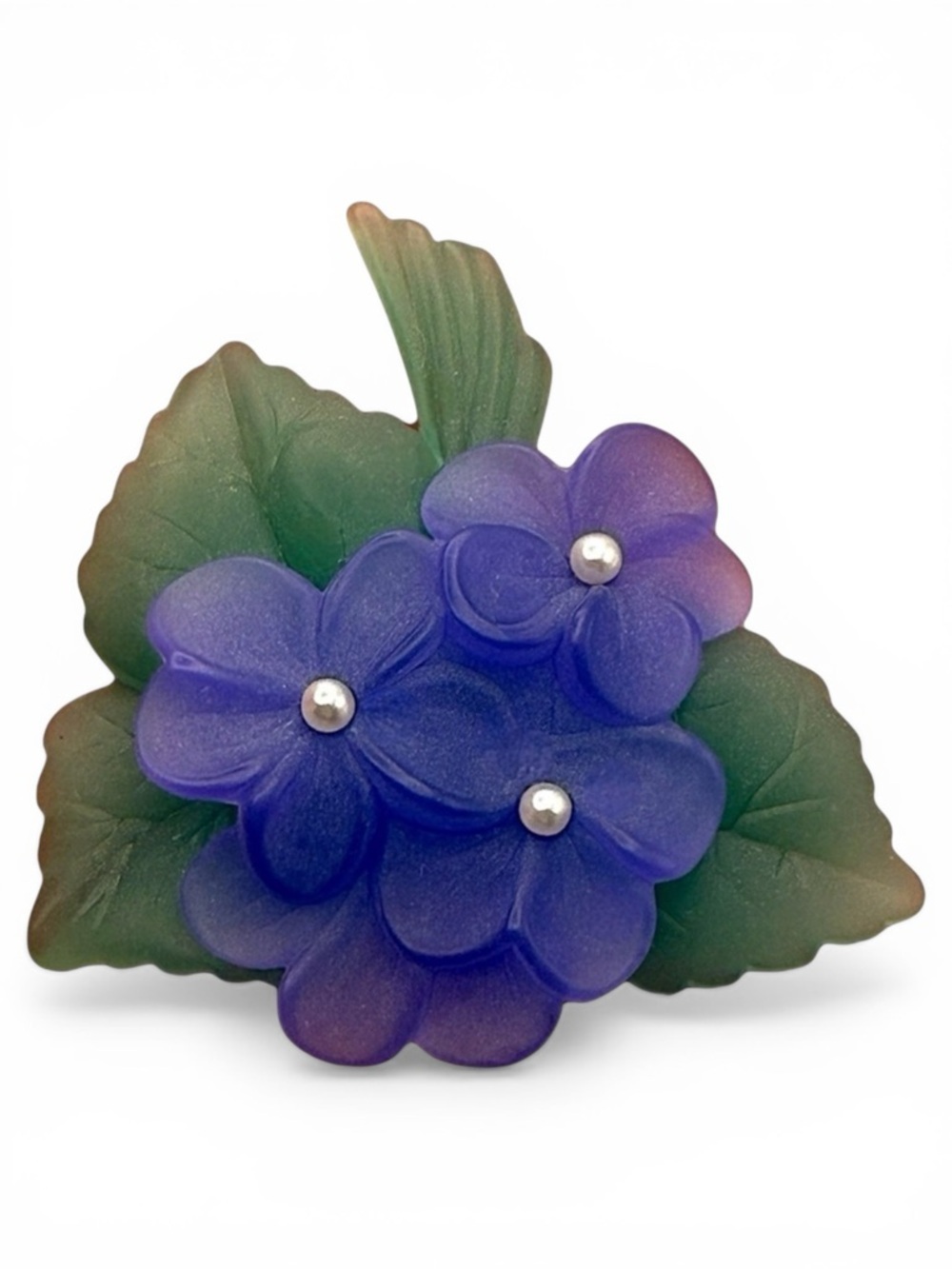 Vintage Avon Sweet Violet Frosted Lucite Brooch Pin 1983 Faux Pearl Purple Green